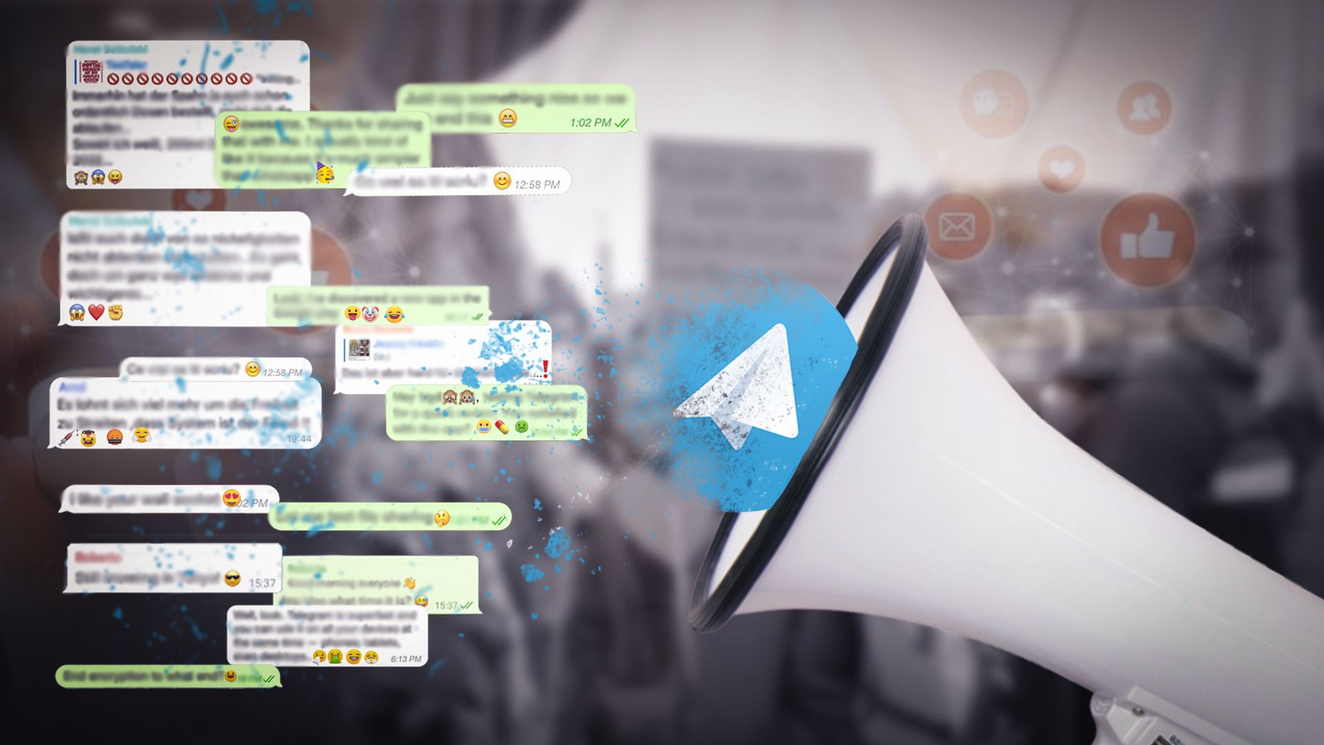 Montage mit WhatsApp-Chatverlauf, Telegram-Icon und Megafon